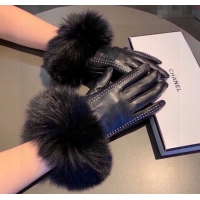Luxury Cheap Chanel Rabbit Fur and Lambskin Gloves with Fox Fur Charm 1129 Black 2024