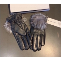 Discount Chanel Rabbit Fur and Black Lambskin Gloves with Fox Fur Pompon 1129 Grey 2024