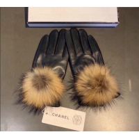 Good Taste Chanel Rabbit Fur and Black Lambskin Gloves with Fox Fur Pompon 1129 Beige 2024