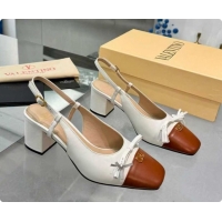Classic Hot Valentino VALET DU ROI Slingbacks Pump 6cm in Calfskin Leather with Tassel Bow White/Brown 1215038