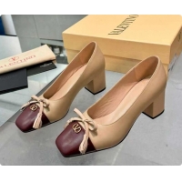 Sophisticated Valentino VALET DU ROI Pumps 6cm in Calfskin Leather with Tassel Bow Beige/Dark Burgundy 1215043