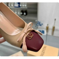 Sophisticated Valentino VALET DU ROI Pumps 6cm in Calfskin Leather with Tassel Bow Beige/Dark Burgundy 1215043
