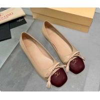 Charming Valentino VALET DU ROI Ballerinas Flat in Calfskin Leather with Tassel Bow Beige/Dark Burgundy 1215047