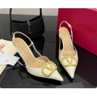 Stylish Valentino VLogo Signature Slingbacks Pump 8.5cm in Nappa Leather with Pearls and Strass White 1215073