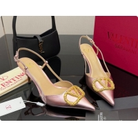 Duplicate Valentino VLogo Signature Slingbacks Pump 8.5cm in Laminated Nappa Leather with Pearls and Strass Pink 1215075