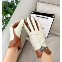 Top Quality Prada Lambskin Gloves 1111 White/Brown 2025
