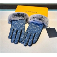 Best Grade Louis Vuitton Fur, Denim and Leather Gloves 1023 Blue 2024