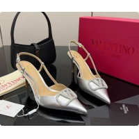 Classic Hot Valentino VLogo Signature Slingbacks Pump 8.5cm in Laminated Nappa Leather with Strass Silver 1215079