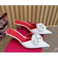 Good Quality Valentino Calfskin Leather Heel Mules 5.5cm with Strass Stones and Rose Blossom White 2025 VLTN121503 12150