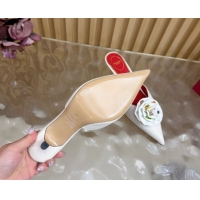 Good Quality Valentino Calfskin Leather Heel Mules 5.5cm with Strass Stones and Rose Blossom White 2025 VLTN121503 12150