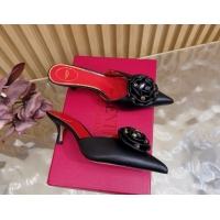 Pretty Style Valentino Calfskin Leather Heel Mules 5.5cm with Strass Stones and Rose Blossom Black 2025 VLTN121503 12150