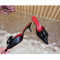 Pretty Style Valentino Calfskin Leather Heel Mules 5.5cm with Strass Stones and Rose Blossom Black 2025 VLTN121503 12150