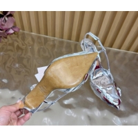 Classic Hot Valentino Calfskin Leather Slingbacks Pump 9.5cm with Rose Blossom Silver VLTN121504 1215091