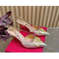 Grade Quality Valentino VLogo Signature Slingbacks Pump 7.5cm in Striped Calfskin Leather Silver/Gold 2025 VLTN121505 12