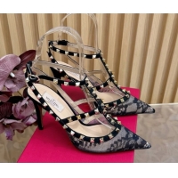 Good Looking Valentino Rockstud Pumps 9.5cm in Lace Mesh with Double Straps Black VLTN121506 1215097