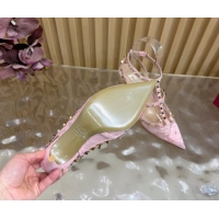 Shop Duplicate Valentino Rockstud Pumps 9.5cm in Lace Mesh with Double Straps Pink VLTN121506 51215099