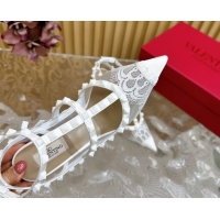 Luxurious Valentino Rockstud Pumps 9.5cm in Lace Mesh and Satin with Double Straps White VLTN121507 1215101