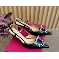 Stylish Valentino Strass Embellished Slingbacks Pump 8cm in Calfskin Leather Black/Multicolor VLTN121508 51215104
