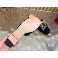 Buy Luxury Valentino Strass Embellished Flat Slides Sandal in Calfskin Leather Black/Multicolor 2025 VLTN121509 51215110