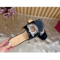 Luxury Valentino Strass Embellished Flat Slides Sandal in Calfskin Leather Black2 VLTN121509 51215111