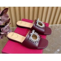 Buy Discount Valentino Strass Embellished Flat Slides Sandal in Calfskin Leather Dark Burgundy VLTN121509 1215112