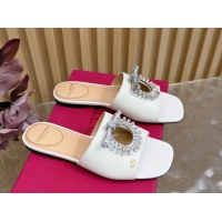 Best Price Valentino Strass Embellished Flat Slides Sandal in Calfskin Leather White 2025 VLTN121509 51215113