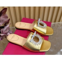 Low Cost Valentino Strass Embellished Flat Slides Sandal in Calfskin Leather Gold VLTN121509 51215114