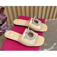 Unique Style Valentino Strass Embellished Flat Slides Sandal in Calfskin Leather Nude VLTN121509 51215116