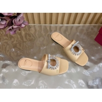 Unique Style Valentino Strass Embellished Flat Slides Sandal in Calfskin Leather Nude VLTN121509 51215116