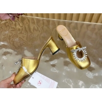 Good Product Valentino Strass Embellished Heel Mules 5.5cm in Calfskin Leather Gold 2025 VLTN121509 51215119