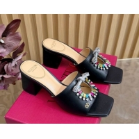 Best Product Valentino Strass Embellished Heel Slides Sandal 6cm in Calfskin Leather Black/Multicolor VLTN121509 5121512
