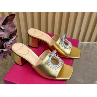 Charming Valentino Strass Embellished Heel Slides Sandal 6cm in Calfskin Leather Gold VLTN121509 51215125