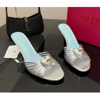 Luxurious Valentino Heart Calfskin Leather Heel Slides Sandal Silver VLTN121501 1216001