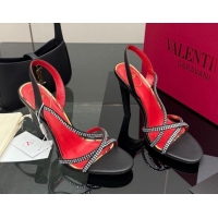 Shop Duplicate Valentino Calfskin Leather Heel Sandals 10.5cm with Strass Black VLTN121601 1216009