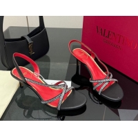 Good Product Valentino Calfskin Leather Heel Sandals 5.5cm with Strass Black VLTN121601 1216011