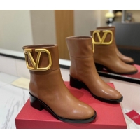 Charming Valentino Maxi-VLogo Heel Ankle Boots 5.5cm in Calfskin Leather Brown VLTN121603 1216017