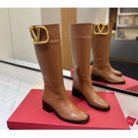 Unique Style Valentino Maxi-VLogo Heel High Boots 5.5cm in Calfskin Leather Brown VLTN121603 51216021