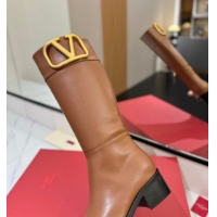 Unique Style Valentino Maxi-VLogo Heel High Boots 5.5cm in Calfskin Leather Brown VLTN121603 51216021