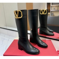 Top Grade Valentino Maxi-VLogo Heel High Boots 5.5cm in Calfskin Leather Black VLTN121603 1216022