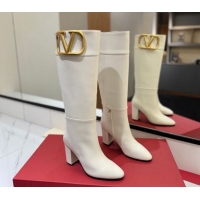 Grade Quality Valentino Maxi-VLogo Heel High Boots 8cm in Calfskin Leather White VLTN121603 1216024