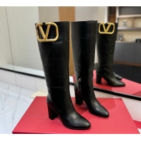 Best Grade Valentino Maxi-VLogo Heel High Boots 8cm in Calfskin Leather Black VLTN121603 1216025