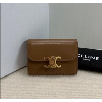 Top Quality Celine Card Holder Wallet with Flap Triomphe in Shiny Calfskin 10D583 Bronze 2024