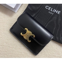 Top Grade Celine Card Holder Wallet with Flap Triomphe in Shiny Calfskin 10D583 Black 2024