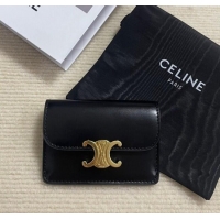 Top Grade Celine Card Holder Wallet with Flap Triomphe in Shiny Calfskin 10D583 Black 2024