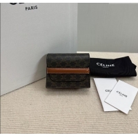 Best Price Celine Business Card Holder in Triomphe Canvas and Lambskin 10E242 Tan Brown 2024