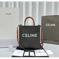 Grade Quality Celine Small Vertical Cabas Tote Bag in Triomphe Canvas and Calfskin 60007 Tan Brown 2024