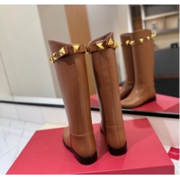 Best Grade Valentino Maxi-Rockstud Flat High Boots in Calfskin Leather Brown VLTN121604 1216029