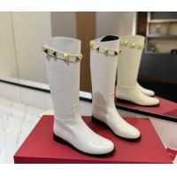 Luxurious Valentino Maxi-Rockstud Flat High Boots in Calfskin Leather White VLTN121604 1216030