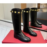 Unique Style Valentino Maxi-Rockstud Flat High Boots in Calfskin Leather Black VLTN121604 1216031