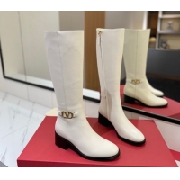 Good Quality Valentino VLogo Heel High Boots 5.5cm in Calfskin Leather White VLTN121605 1216036